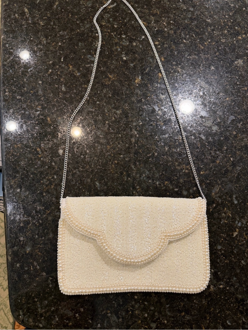 Elegant Ivory Beaded Shoulder Bag with Silver Chain